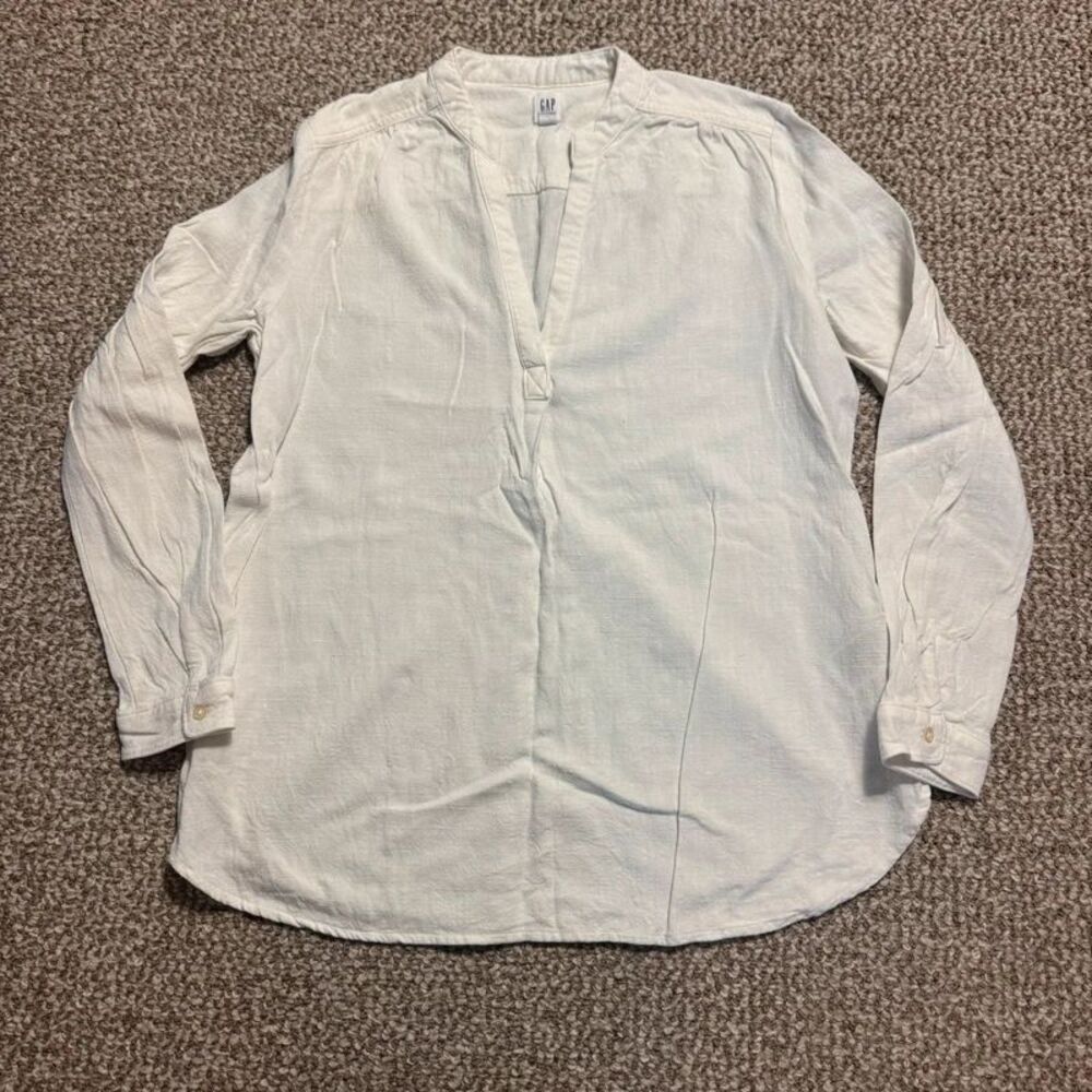 GAP Maternity White Linen Blend Tunic Top V-Neck Long Sleeve Small